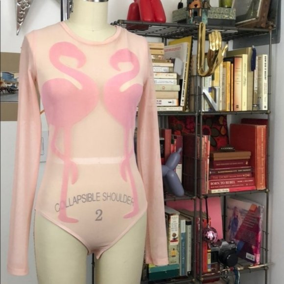 Zara Flamingo Bird Sheer Mesh Bodysuit Velvet Velo - Picture 3 of 8